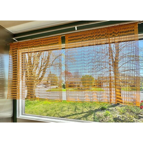 Vintage 70s yellow curtains, soft mesh, funky open weave geometric, pair panels - Picture 1 of 10